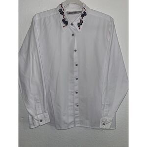 VTG Yves St. Clair Dog Print Button-Up Blouse White Collar Size 14 Vintage